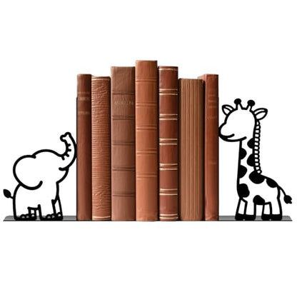 Metal Bookends Giraffe Elephant Bookends Decorative Cute Animals Book Ends for Shelves Bookshelf Reading Decor Space-Saving Desk Organizer for Bedroom Home Nursery - style: Giraffe Elephant
