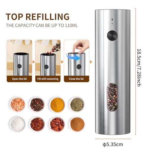 Rechargeable Salt and Pepper Grinder Set,Automatic Rechargeable, LED Light, External Adjustable Coarseness, Upgrade Large Capacity, Rechargeable Base Kitchen, Dining & BBQ, Gifts for Women Mom(Silver)