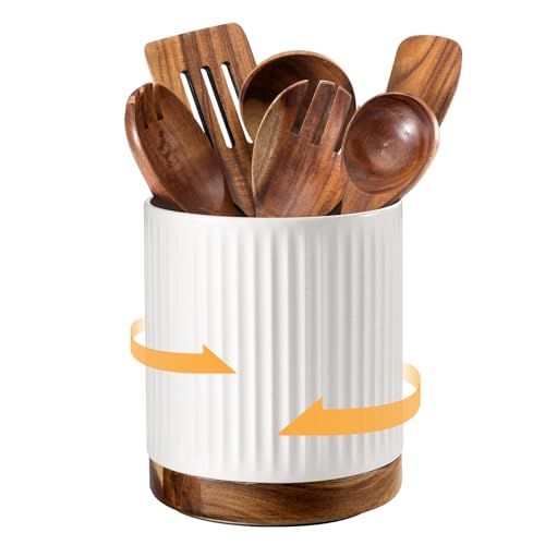 DOWAN 360° Rotating Extra Large Cooking Utensil Holder, 7.6" Kitchen Utensil Holder for Countertop, Utensil Crock for Farmhouse Kitchen Decor, Ceramic Stable Utensil Caddy, White Stripes - color: White Stripes