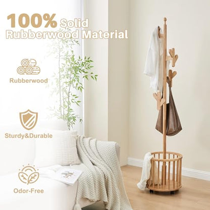 Uniclinens Solid Wood Coat Rack Freestanding with Umbrella Holder, Tree Coat Rack Stand with Lockable Universal Casters & 12 Hooks for Entryway Bedroom, Natural - color: Natural, size: Coat Tree
