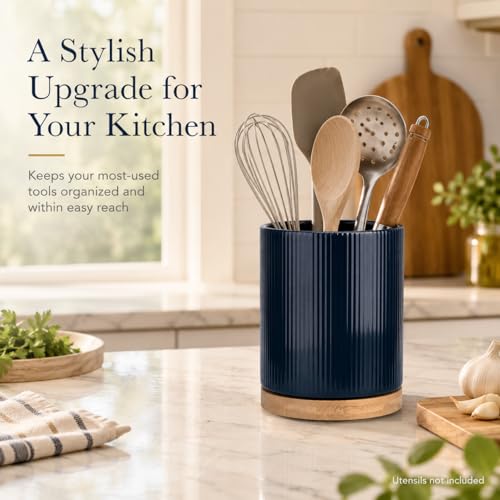 360° Rotating Cooking Utensil Holder, Kitchen Utensil Holder for Countertop | Utensil Crock for Kitchen Counter with Rotatable Wooden Base,Ideal Housewarming Gift & Mothers Day Gift-Blue - color: Blue