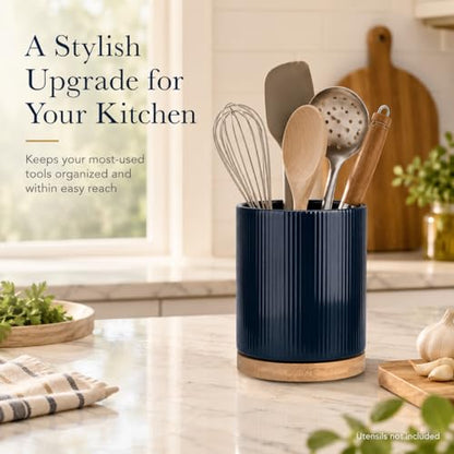 360° Rotating Cooking Utensil Holder, Kitchen Utensil Holder for Countertop | Utensil Crock for Kitchen Counter with Rotatable Wooden Base,Ideal Housewarming Gift & Mothers Day Gift-Blue - color: Blue