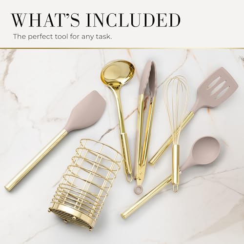 Styled Settings Beige & Gold Kitchen Utensils Set, 7-Piece | Silicone Cooking Utensils for Cooking, Serving, & Hosting - Ideal for Nonstick Cookware, with Gold Utensil Holder - color: 7 Piece Beige & Gold