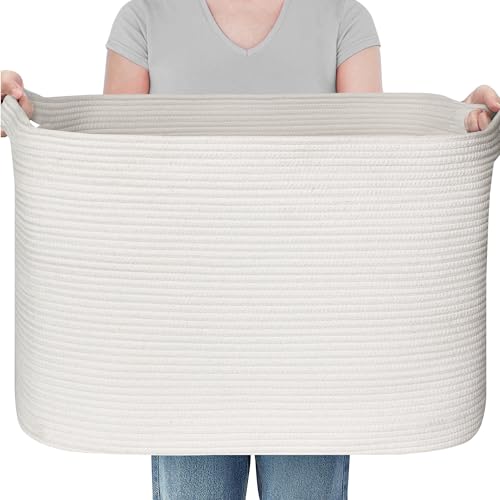 108L Extra Large Storage Basket, 25" x 16" x 16" White Blanket Basket Living Room, Oversized Cotton Rope Blanket Storage, Woven Kids Dog Toy Bin Box Organizer, Laundry Shoes Towel Bin, White - color: White, size: 25"x16"x16"