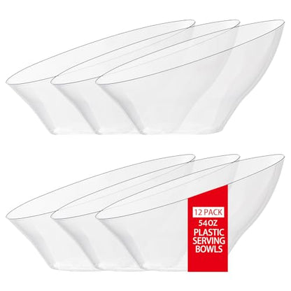 bUCLA 54 OZ Clear Plastic Serving Bowls (12 Pack) - Angled Serving Bowls Disposable for Chip&Candy - Party Table Salad and Fruit - color: Clear, size: 54oz