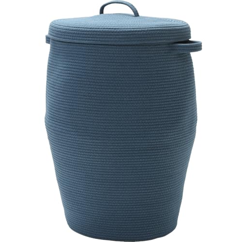 26"x20" Extra Large Tall Woven Laundry Basket with Lid, Cotton Rope Blanket Storage Basket, Freestanding Decorative Bin for Bedroom Living Room, Denim Blue - color: All Dark Blue, size: 26"x20"