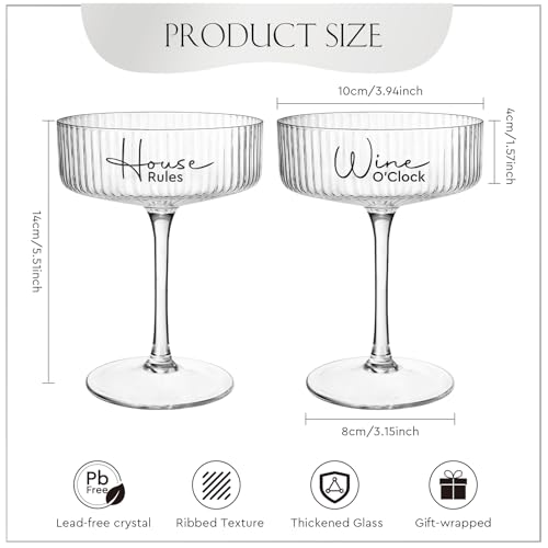 AW BRIDAL 8.5oz Ribbed Coupe Glasses Set of 2, Martini Champagne Glass | Housewarming Gifts for New Home, Wedding Gifts for Couples 2026, Martini Cocktail Glass, Couple Gift for Bridal Shower - style: House Rules & Wine O'Clock