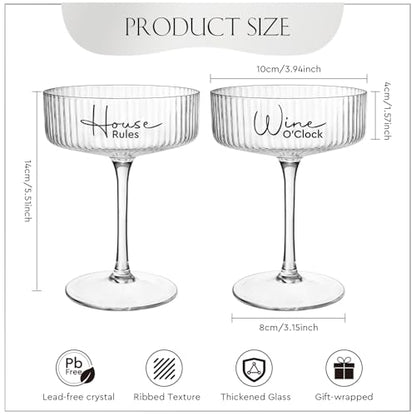 AW BRIDAL 8.5oz Ribbed Coupe Glasses Set of 2, Martini Champagne Glass | Housewarming Gifts for New Home, Wedding Gifts for Couples 2026, Martini Cocktail Glass, Couple Gift for Bridal Shower - style: House Rules & Wine O'Clock