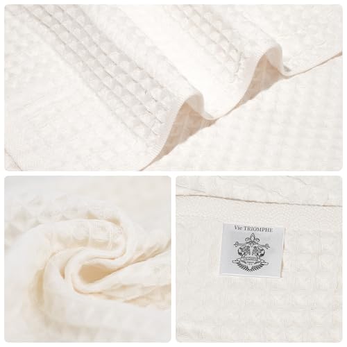 Vie Triomphe Waffle Weave Hand Towel and Washcloth Set of 2 Hollow Yarn Cotton 13.4x29.5 Hand Towel 13.4x13.8 Face Cloth, Lightweight Quick Dry Off-White Bathroom Towels for Daily Use, Gym Travel RV
