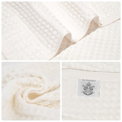 Vie Triomphe Waffle Weave Hand Towel and Washcloth Set of 2 Hollow Yarn Cotton 13.4x29.5 Hand Towel 13.4x13.8 Face Cloth, Lightweight Quick Dry Off-White Bathroom Towels for Daily Use, Gym Travel RV