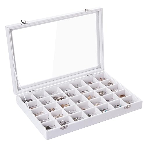 35 Grid Earring Organizer,Velvet Jewelry Tray with Clear Lid | Drawer Jewelry Organizer for Rings Studs Beads,Adjustable Dividers,Dustproof Design,Earring Storage,Trinket Box,13.8×9.5Inch - color: White, size: 35 Grid