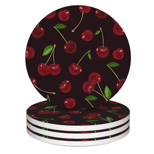 Coasters for Drinks,Red Cherry Cute Absorbent Coaster Set of 4 with Cork Base,Ceramic Drink Coasters for Cold Drinks Wine Glasses Cups Mugs,Housewarming Gifts for Home Decor - color: Red Cherry Cute