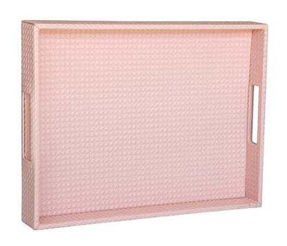 HofferRuffer Rectangle Serving Tray with Hole Handles for Coffee Table, Breakfast, Tea, Food, Butler - Countertop, Kitchen, Vanity Serve Tray, 16.2 x 12.2 x 2 inches, Faux Leather (Pink) - color: Pink