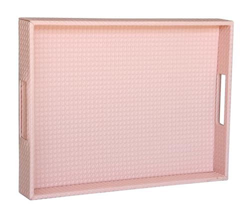 HofferRuffer Rectangle Serving Tray with Hole Handles for Coffee Table, Breakfast, Tea, Food, Butler - Countertop, Kitchen, Vanity Serve Tray, 16.2 x 12.2 x 2 inches, Faux Leather (Pink) - color: Pink