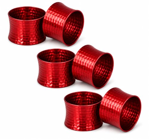 ITOS365 Red Napkin Rings Set of 6, Handmade Hammered Metal Napkin Ring Holders for Dining Table, Wedding, Parties & Everyday Table Decor - color: Red