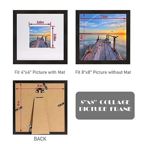 Hongkee 8x8 Picture Frames with Real Glass, Black Wooden Square Photo frame Set of 3, Displays 4x4 Picture With Mat or 8x8 Without Mat, Desktop & Wall Collage Frame set - color: Black, size: 8x8 in
