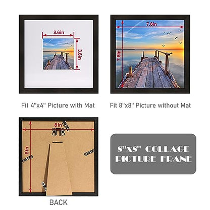 Hongkee 8x8 Picture Frames with Real Glass, Black Wooden Square Photo frame Set of 3, Displays 4x4 Picture With Mat or 8x8 Without Mat, Desktop & Wall Collage Frame set - color: Black, size: 8x8 in