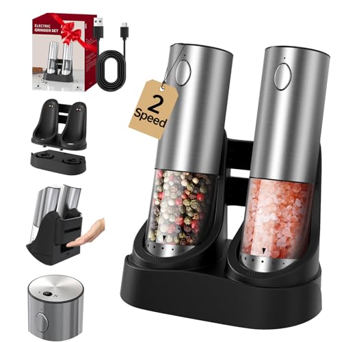 CIRCLE JOY 2-Speed Electric Salt and Pepper Grinder Set Rechargeable Stainless Steel Pepper Mills with Charging Base, LED Light and External Adjustable Coarseness for Hygienic Easy Use - color: Silver