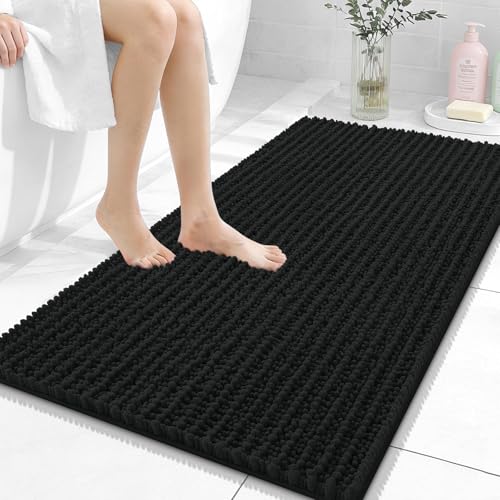 OLANLY Bathroom Rugs 44x24, Thick Soft Absorbent Chenille Bath Rugs | Black, Shaggy Bath Mat with Quick-Drying Rubber Backing, Machine Washable for Floor, Tub and Shower, Home Decor Accessories - color: Black, size: 44" x 24"