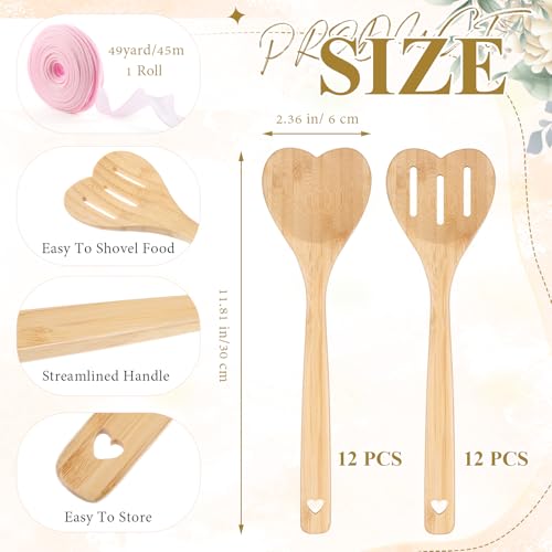 Reallnaive 24 Pcs Bamboo Spatula Wooden Kitchen Utensil Bulk 12''wood Spoon Spatula for Cooking with Ribbon Bridal Baby Shower Game Prize Wedding Party Favors Housewarming Gift (Heart Style) - style: Heart Style