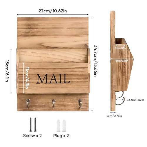 Tefola Wall Mount Mail Organizer with Key Hooks - Wooden Mail and Key Organizer, Letter Holder with 3 Hooks for Entryway Bedroom, 10.6 x 13.6 inches