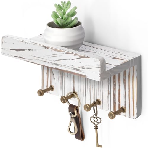 Rebee Vision Key Holder Wall Mount with 4 Hooks for Room Decor, Whitewash | Key and Mail Holder for Wall, Small Floating Shelf, Plant Display, Key Hanger, Room Decor Aesthetic, Compact Home Storage - color: D - Whitewash, size: Small - 8 inch