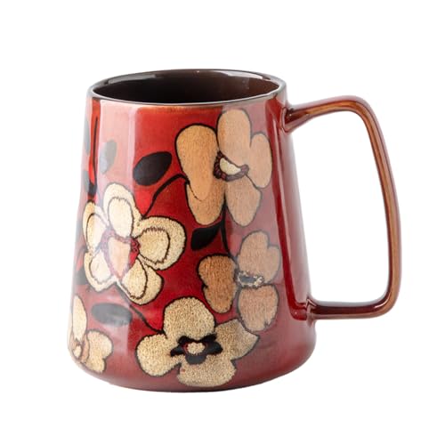 24 oz Extra Large Ceramic Coffee Mug Vintage Floral Cup with Handle | Oversized Pottery Latte Tea mug with Big handle, Lead-free, Microwave Dishwasher safe, Red with Hand-painted Flowers - color: Red