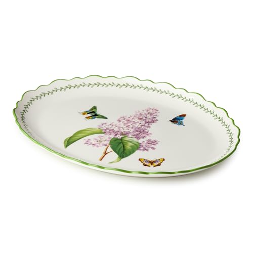 Mirabella Porcelain OVAL PLATTER, elegant 16 x 12 inch serving platter with lilac floral artwork and butterflies, perfect for roasts, vegetables, desserts, entertaining and coordinated table styling