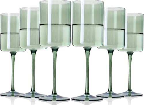 Green Square Wine Glasses Set of 6 - Hand Blown, Colorful With Tall Long Stems, Modern Set for All Occasions - 14oz - color: Sage Green