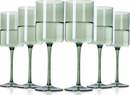 Green Square Wine Glasses Set of 6 - Hand Blown, Colorful With Tall Long Stems, Modern Set for All Occasions - 14oz - color: Sage Green