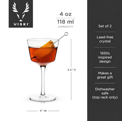 Viski Nick and Nora Glasses, Stemmed Drinkware, Premium Crystal Cocktail Glasses, Cocktail Coupe Glasses, Home and Bar Glass cups, Set of 2, 4oz - style: Nick & Nora Glasses