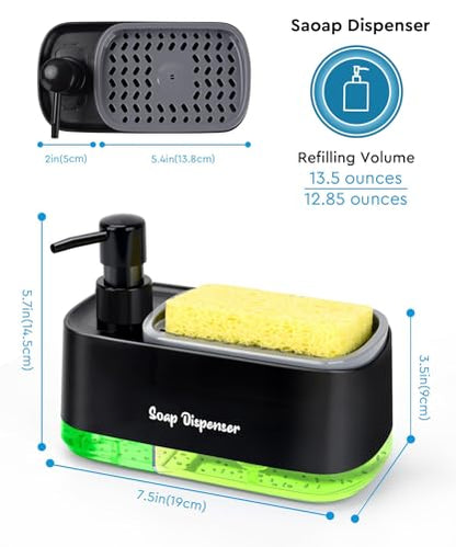 5-in-1 Kitchen Soap Dispenser Set with Sponge Holder - Dual Hand & Dish Soap Pump Dispenser for Sink Countertop with 2-Packs Natural Loofah Dish Sponge Dishwashing Scrubber,Black - color: Black(n5-in-1)