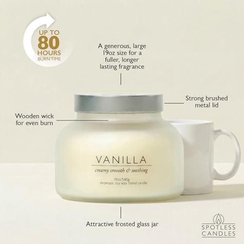 Vanilla Volcano Candle 19oz: 80-Hour Burn, Creamy Smooth Vanilla Scent, Hybrid Soy Wax, Crackling Wood Wick, Cream Matte Glass Jar, Gold Foil Gift Box by Spotless Candles - color: Vanilla 19, size: 19oz