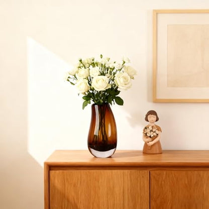 Amber Glass Vase, Hand Blown Brown Glass Vase 8.5in, Amber Flower Vase for Pampas Grass & Fresh Flowers, Brown Vases for Centerpieces, Modern Flower Vases Home Decor