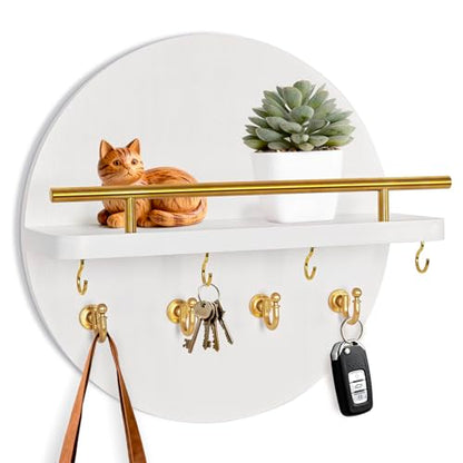 Key Holder Wall Mount with Shelf and Hooks, 11.8 Inch Entryway Gold Key Holder for Wall Decor (White&Gold)