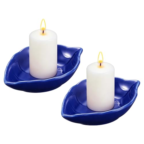 uxcell 2Pcs Ceramic Candle Holder Plates, 4.3 x 3'' Leaf Shaped Candlestick Holder Decorative Dish Small Candle Plate for Tea Light Aromatherapy Wedding Rustic Vintage Home, Dark Blue - color: Dark Blue
