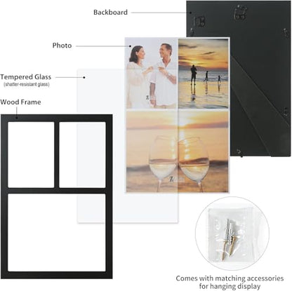 3-Opening Collage Frame 8x10 + 2(5x7) Black Wood | Holds 8x10 and two 5x7 photos, shatter-resistant glass, tabletop & wall mount - size: 8x10 & 5x7 - 3 Opening