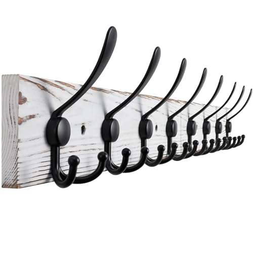 Kuhome 32.2'' Large Coat Rack Wall Mount Coat Hooks with 8 Metal Black Triple-Hooks Old White Pine Real Wood Plank Hat Rack for Wall Hooks - color: Old White Plate & Black Hook, size: 1 Item-8 Hooks