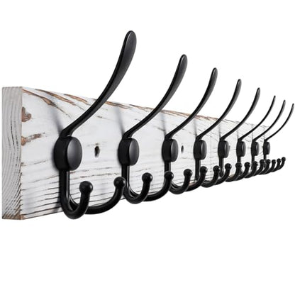 Kuhome 32.2'' Large Coat Rack Wall Mount Coat Hooks with 8 Metal Black Triple-Hooks Old White Pine Real Wood Plank Hat Rack for Wall Hooks - color: Old White Plate & Black Hook, size: 1 Item-8 Hooks