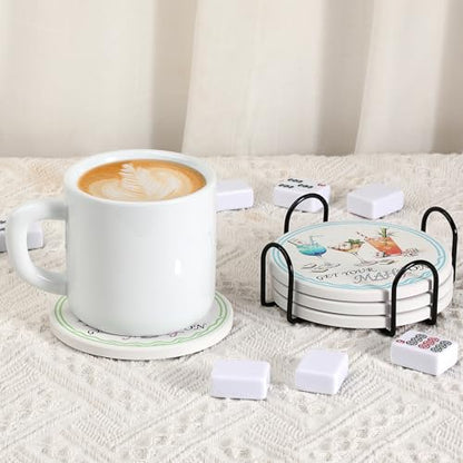 Ceramic Coasters with Holder, Mahjong Table Coasters for Drinks Set of 4 | 4x4 Inch for Most Mugs, Absorbent Round Cup Mats, Mahjong Gift and Accessories, Table Game Housewarming Party Supplies - size: 4x4 in (Style 1)