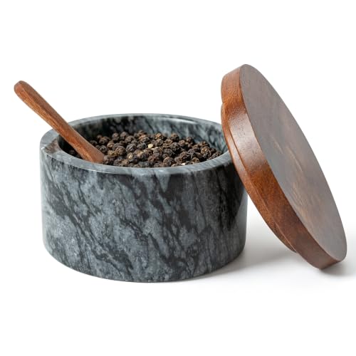 Marble Salt Cellar with Wood Lid and Spoon, Black Salt Keeper Bowl, Natural Stone Salt Container for Kitchen Counter, Pepper, Sugar, Spices and Dry Seasonings - color: Black