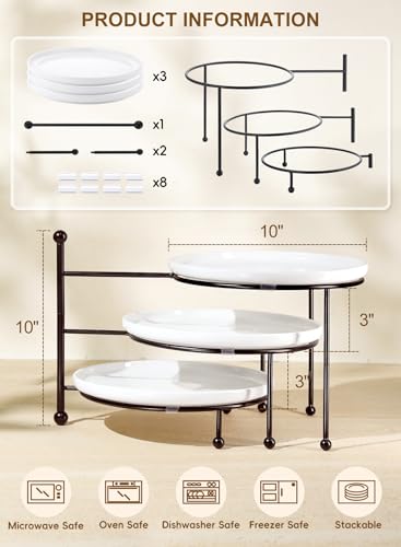 Tiered Serving Tray for Party, 10 Inch Dessert Display Stand, Black | 3*Porcelain Durable Round Serving Plates, Microwave/Dishwasher Safe,Easy Clean, Cupcakes Fruit Modern Serving - color: Black