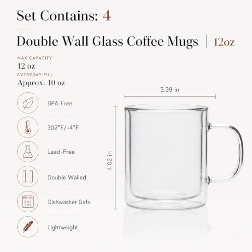 4PCS 12OZ Double Walled Glass Coffee Mugs, 350ml Borosilicate Glass Coffee Cups Insulated Coffee Mug with Handle Clear Heat Resistant Hot/Cold Beverages Dishwasher Safe Cappuccino Tea Latte