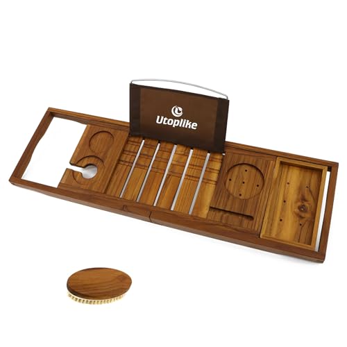 Utoplike Teak Bathtub Caddy, Expandable Bath Table Tray for Tub | Solid Wooden Bathtub Organizer with Book Tablet, Wine Glass Cup, Towel Holder, Adjustable