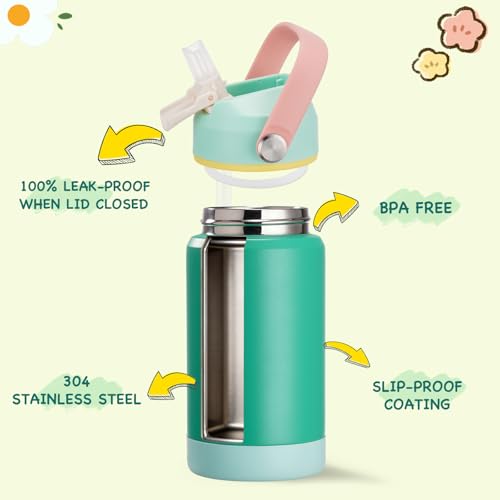 Kerilyn 12oz Water Bottle, Stainless Steel Insulated Water Bottle with Straws Leak-Proof, Water Cup Double Wall Vacuum, BPA Free, Grove - color: Grove