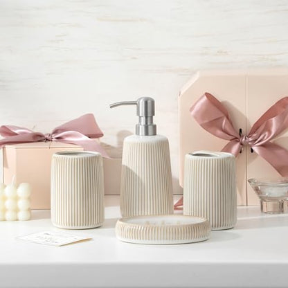 vancasso Ceramic Bathroom Accessories Set 4 Piece, Soap Dispenser with Stainless Steel Pump, Toothbrush Holder, Tumbler and Soap Dish, Modern Relief Design, Bathroom Decor Organizer, Beige-White - style: Beige-White