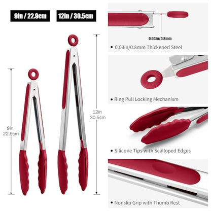 Doosu 600°F Heat Resistant Kitchen Food Tongs for Cooking with Non-Scratch Silicone Tips (9+12in, Red) & 600°F Heat Resistant Spatula Set of 4 for Cooking Baking Stirring (Aqua Sky+Orange+Red+Purple)