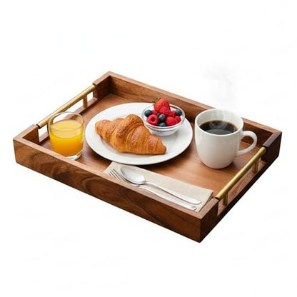Wooden Serving Tray with Gold Metal Handles, 11.8" x 7.87" Rectangular | For Coffee Table, For Food, For Drinks, For Decor