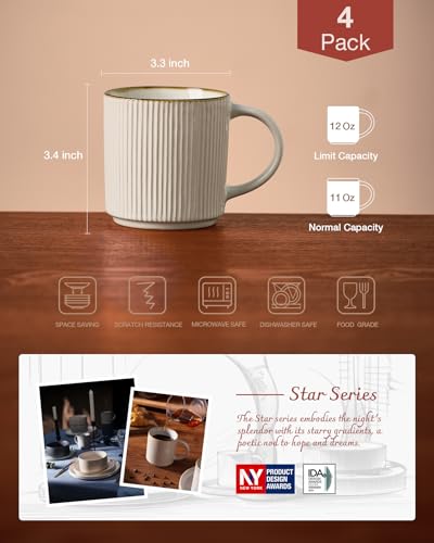 famiware Coffee Mug Set of 4, Star 12 oz Ceramic Mugs Cups Set with Handle | Stoneware Stackable Catering Cup for Coffee, Tea, Cappuccino, Latte, Microwave & Dishwasher Safe, White - color: Star-White, size: 4 Count (Pack of 1)