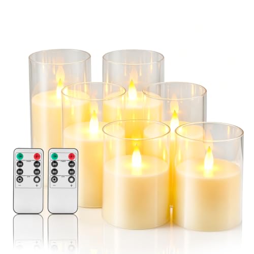 Flameless Candles with Remote, Set of 6 LED Pillar Candles (3" D x 4" 5" 6" H), Realistic Climbing Flame Battery Powered Candles for Home Wedding Christmas (Clear Shell Ivory) - color: White, size: 6 Pack
